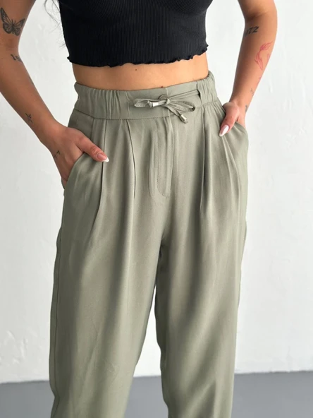 Yüksel Bel Rahat Paça Pantalon - Su Yeşili - Resim 3