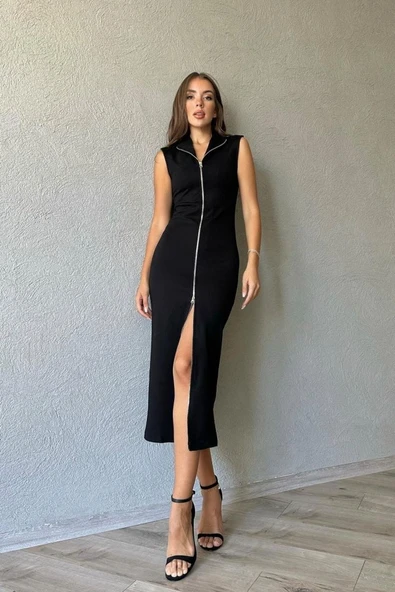 Siyah Boydan Fermuarlı Sıfır Kol Elbise ürün görseli