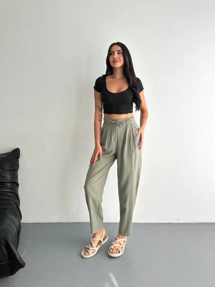 Yüksel Bel Rahat Paça Pantalon - Su Yeşili - Resim 4