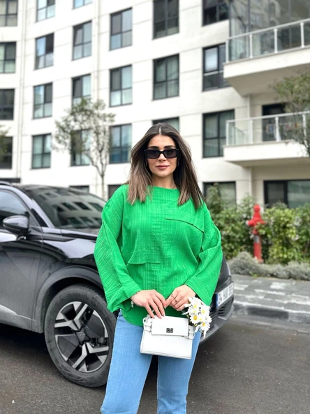 Kadın Yarasa Kol Aerobin Kumaş Bluz - Resim 2