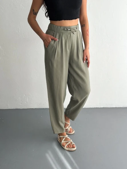Yüksel Bel Rahat Paça Pantalon - Su Yeşili - 1