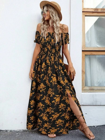 Kadın Kısa Kollu Madonna Yaka Yırtmaçlı çiçek Desenli Süprem Elbise - Resim 6