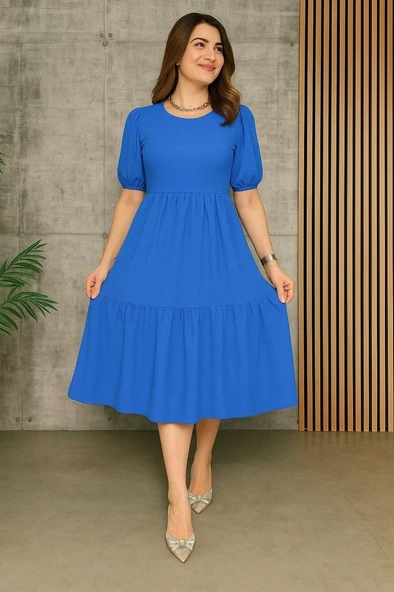 Kadın Kısa Kollu Yakası Açık Katlı Bürümcük Balon Elbise - Resim 2