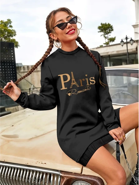 Kadın Uzun Kollu Bisiklet Yaka Yazılı Kısa Viskon Iki Iplik Elbise - Resim 3