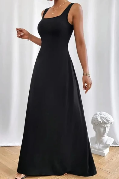 Kadın Askılı U Yaka Janjan Krep Elbise - Resim 6