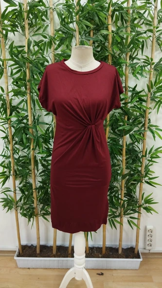 Kadın Kısa Kollu Bisiklet Yaka Yandan Büzgülü Midi Viskon Elbise - Resim 6