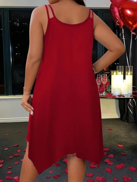 Kadın Askılı Yuvarlak Asimetrik Kesim Detaylı Viskon Elbise - Resim 2