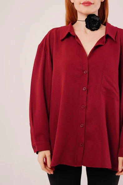 Basic Oversize Bordo Gömlek - Resim 7