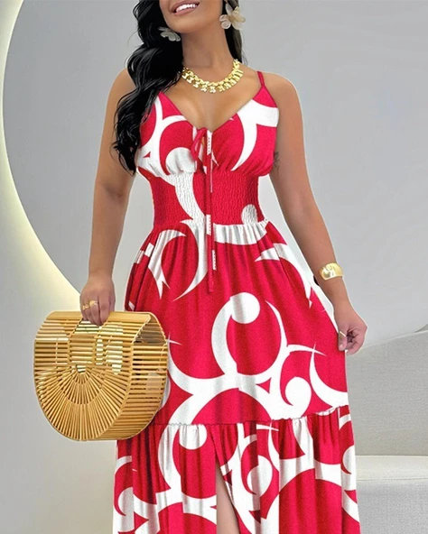 Kadın Ip Askılı Dekolteli Bağcıklı Yırtmaçlı Desenli Süprem Elbise - Resim 2