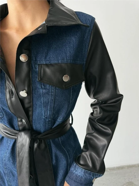 KOT ELBİSE UZUN ÖNDEN DÜĞMELİ - Mavi - Resim 4