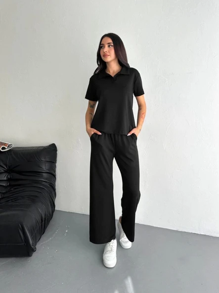 Osy Modal Yumuşak Dokulu Kumaş Kısa Kollu Yakalı T-shirt Pantalon Ikili Takım- Siyah - 7