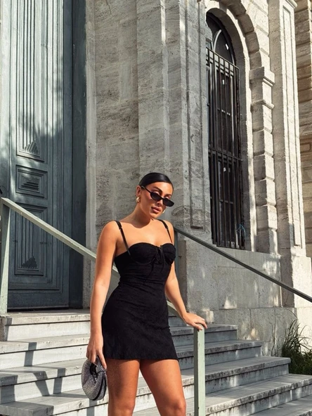 Kadın Omuz Askılı File Kumaş Likralı Mini Elbise - Resim 5