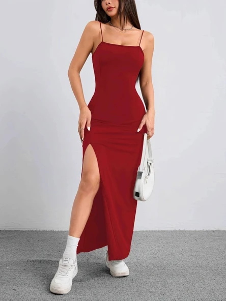 Kadın Ip Askılı Yandan Yırtmaçlı Janjan Krep Elbise - Resim 4