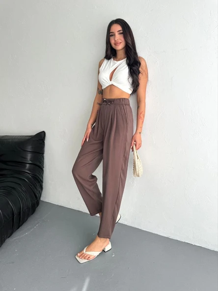 Yüksel Bel Rahat Paça Pantalon - Kahverengi - 4