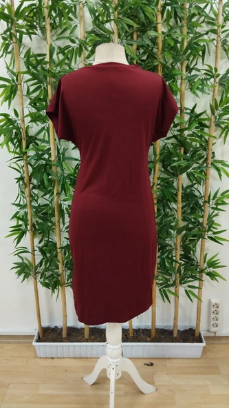 Kadın Kısa Kollu Bisiklet Yaka Yandan Büzgülü Midi Viskon Elbise - Resim 7