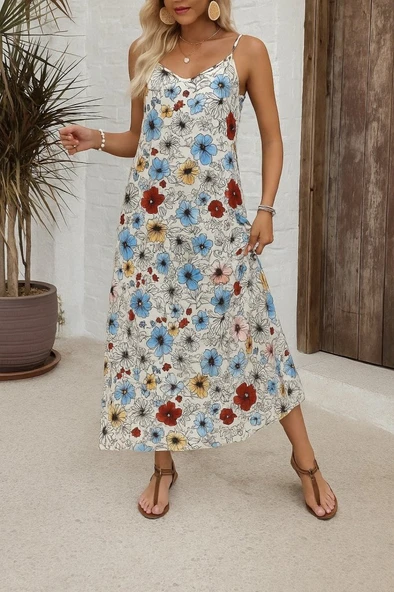 Kadın Ip Askılı Geniş V Yakalı Desenli Süprem Elbise ürün görseli