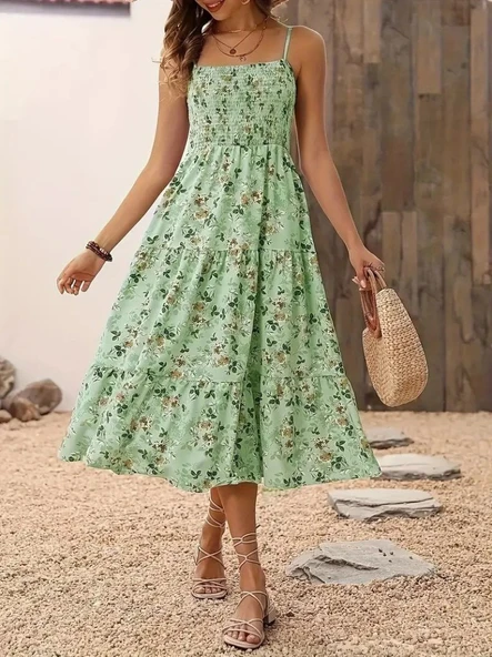 Kadın Ip Askılı Geniş V Yakalı Desenli Uzun Süprem Elbise - Resim 2