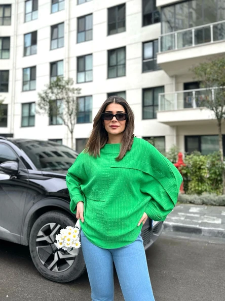 Kadın Yarasa Kol Aerobin Kumaş Bluz - Resim 4