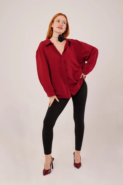 Basic Oversize Bordo Gömlek - Resim 6