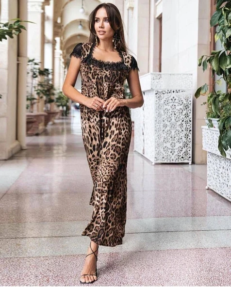 Kadın Leopar Desenli Dantelli Jesica Kumaş Maxi Boy Elbise - Resim 3