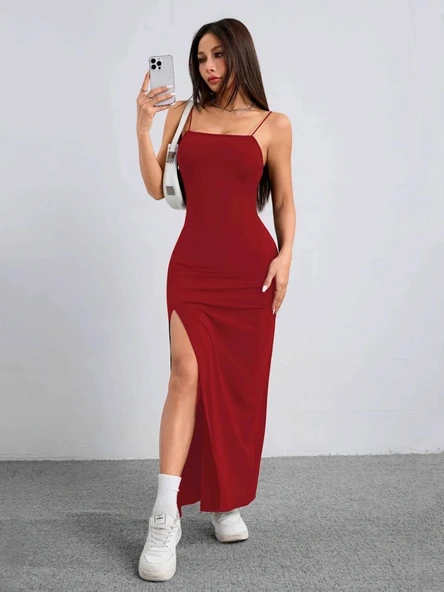 Kadın Ip Askılı Yandan Yırtmaçlı Janjan Krep Elbise - Resim 8