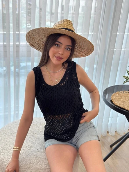 Kadın Askılı Yuvarlak Yaka Geometrik Desenli Triko Bluz - Resim 5