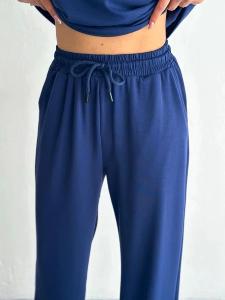 Osy Modal Yumuşak Dokulu Kumaş Kısa Kollu Yakalı T-shirt Pantalon Ikili Takım- Lacivert - 2