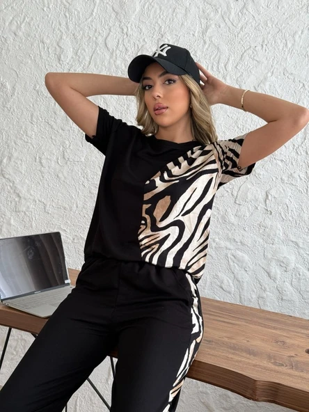 Kadın Bisiklet Yaka Kısa Kol Leopar Desen Bluz Ve Pantolon Ikili Takım - 7