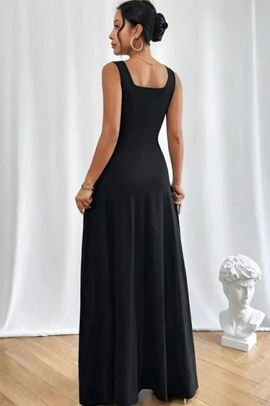 Kadın Askılı U Yaka Janjan Krep Elbise - Resim 3