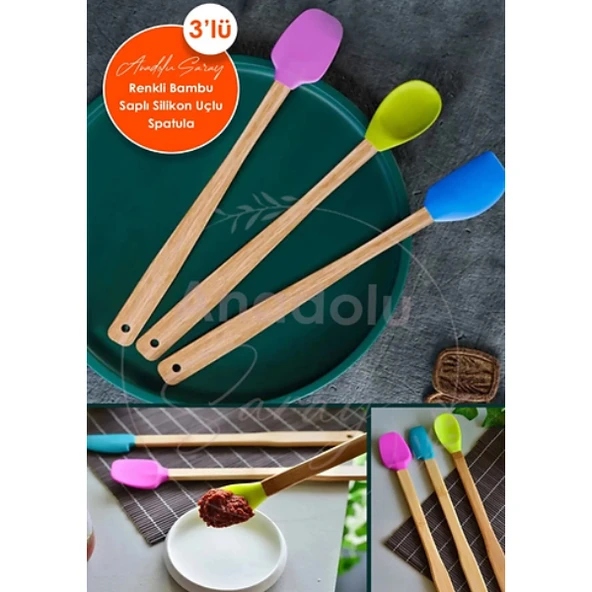 Silikon Uçlu Isıya Dayanıklı Bambu Spatula 3'lü Set - Resim 3