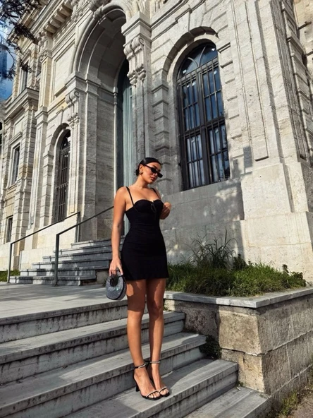 Kadın Omuz Askılı File Kumaş Likralı Mini Elbise - Resim 7