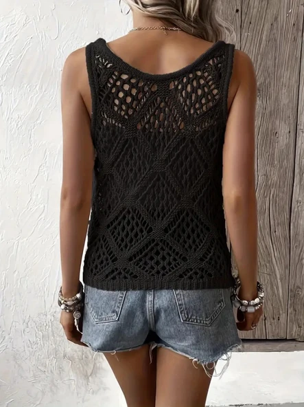 Kadın Askılı Yuvarlak Yaka Geometrik Desenli Triko Bluz - Resim 7