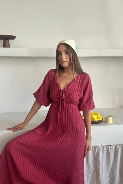 V YAKA DÖKÜMLÜ ELBİSE - Pembe - Resim 4