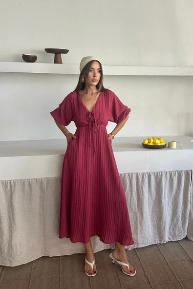 V YAKA DÖKÜMLÜ ELBİSE - Pembe ürün görseli