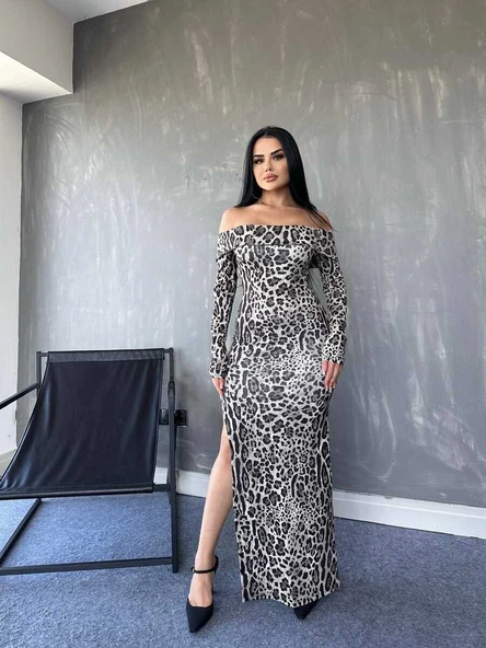 Kadın Madonna Yaka Dalgıç Kumaş Leopar Desen Maxi Boy Derin Yırtmaçlı Elbise - Resim 11