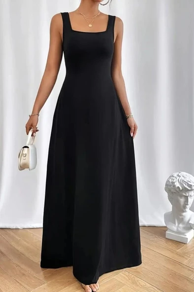 Kadın Askılı U Yaka Janjan Krep Elbise - Resim 9