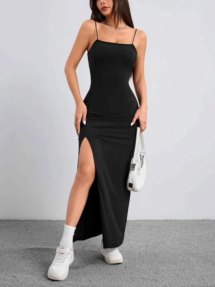 Kadın Ip Askılı Yandan Yırtmaçlı Janjan Krep Elbise - Resim 7