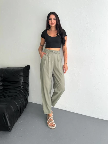 Yüksel Bel Rahat Paça Pantalon - Su Yeşili - Resim 2