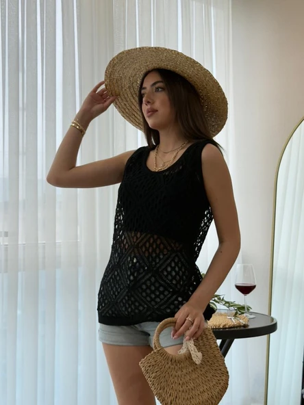 Kadın Askılı Yuvarlak Yaka Geometrik Desenli Triko Bluz - Resim 2