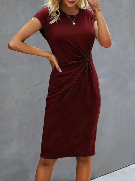 Kadın Kısa Kollu Bisiklet Yaka Yandan Büzgülü Midi Viskon Elbise - Resim 4