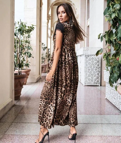 Kadın Leopar Desenli Dantelli Jesica Kumaş Maxi Boy Elbise - Resim 2