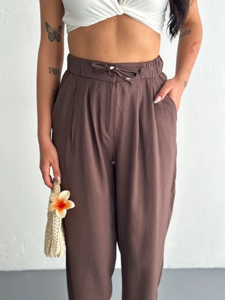 Yüksel Bel Rahat Paça Pantalon - Kahverengi - 5