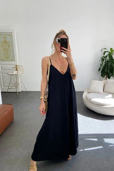 Kadın Ip Askılı V Yakalı Uzun Aerobin Elbise ürün görseli