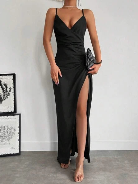 Kadın Askılı Kruvaze Yakalı Yırtmaçlı Krep Elbise - Resim 2