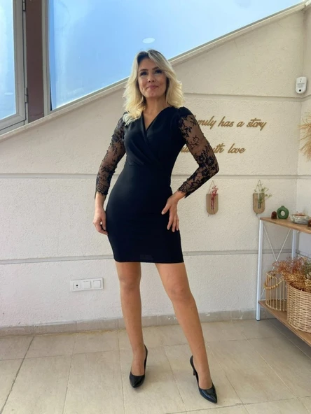 Kadın Uzun Kollu Kruvaze Yaka Kollar Tül Detay Krep Mini Boy Elbise - Resim 7