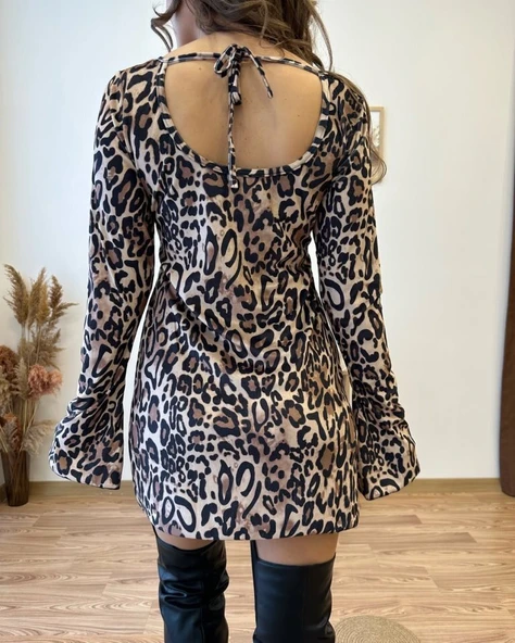 Kadın Uzun Kollu Kayık Yaka Leopar Baskılı Mini Elbise - Resim 6