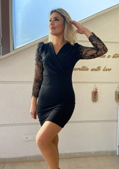 Kadın Uzun Kollu Kruvaze Yaka Kollar Tül Detay Krep Mini Boy Elbise ürün görseli