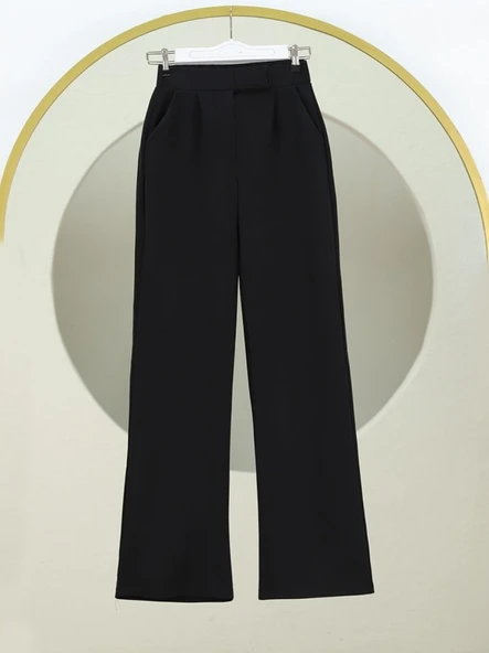 Cırtlı Fermuarlı Palazzo Pantolon -Siyah ürün görseli