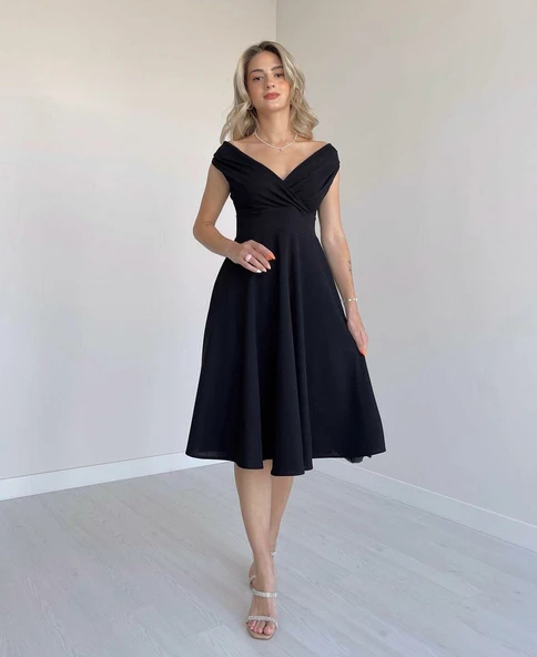 Kadın Kısa Kollu Kruvaze Yaka Eteği Volanlı Krep Elbise - Resim 2