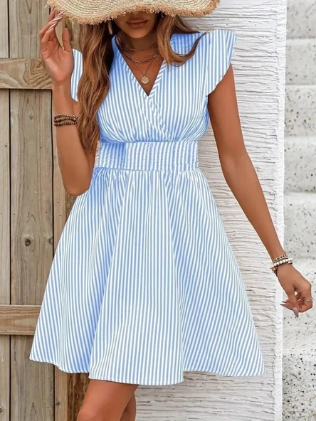 Kadın Kısa Kollu Kruvaze Yakalı Poplin Elbise - Resim 3